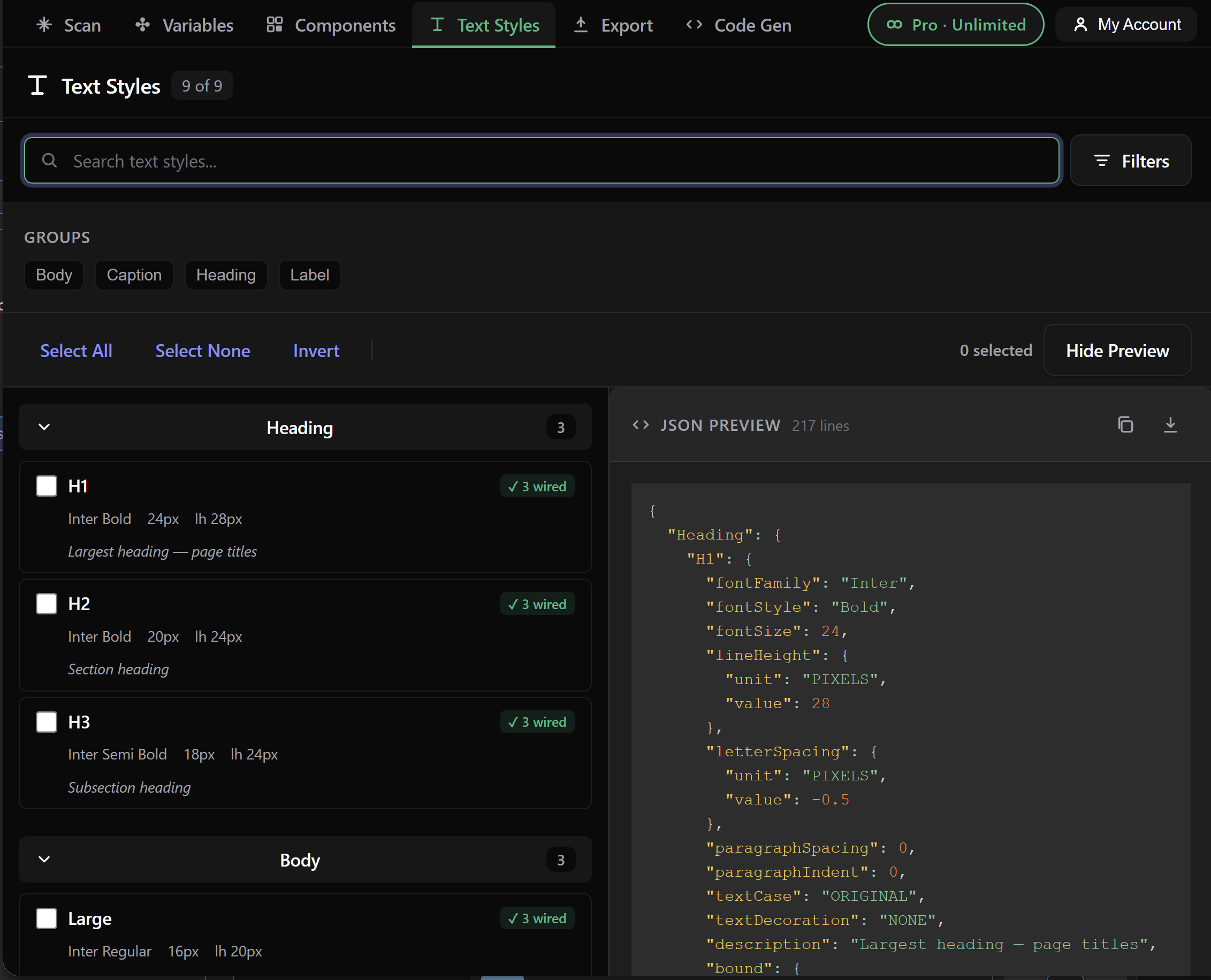 Text styles browser inside Design System Sync — Heading, Body and Mono groups with bound variables