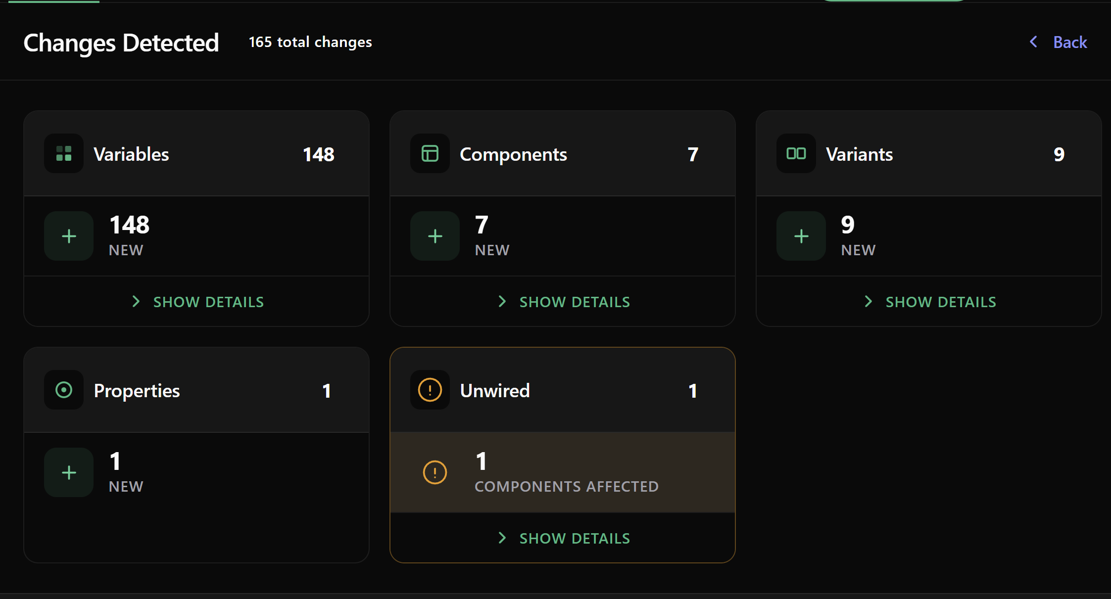 Unwired values report — list of components with hardcoded colors, spacing and radii flagged per property