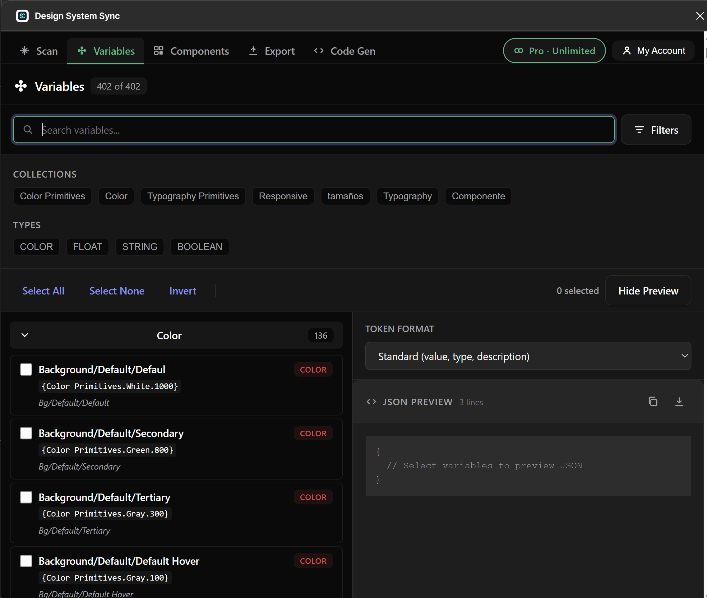 Variables tab — browse collections, filter by type, JSON preview