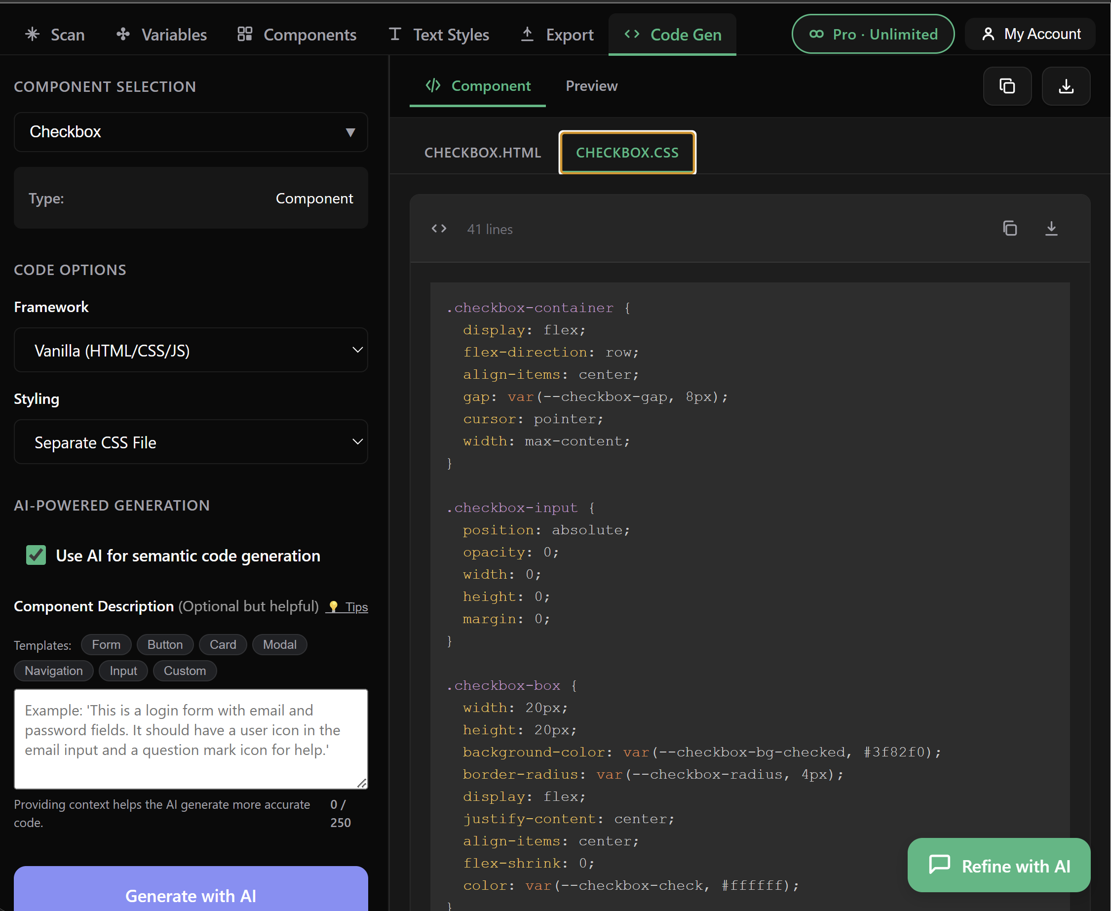 AI-generated CSS using design tokens — var(--color-primary) instead of raw hex values