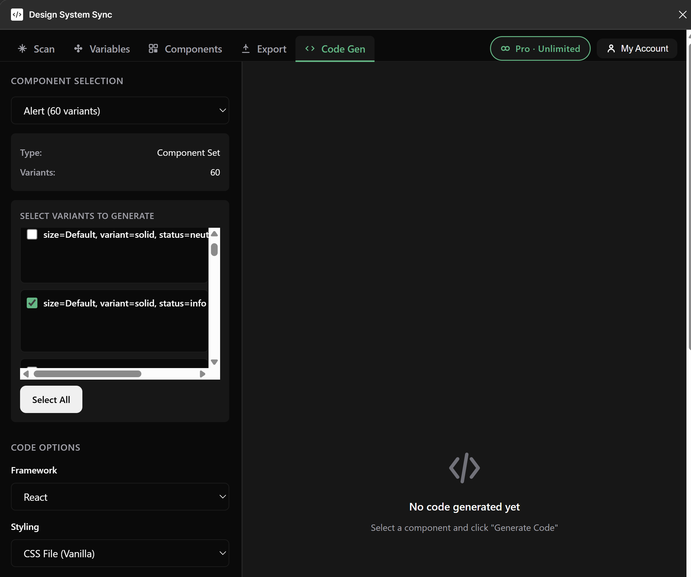 Code Gen — Component selection with variant picker