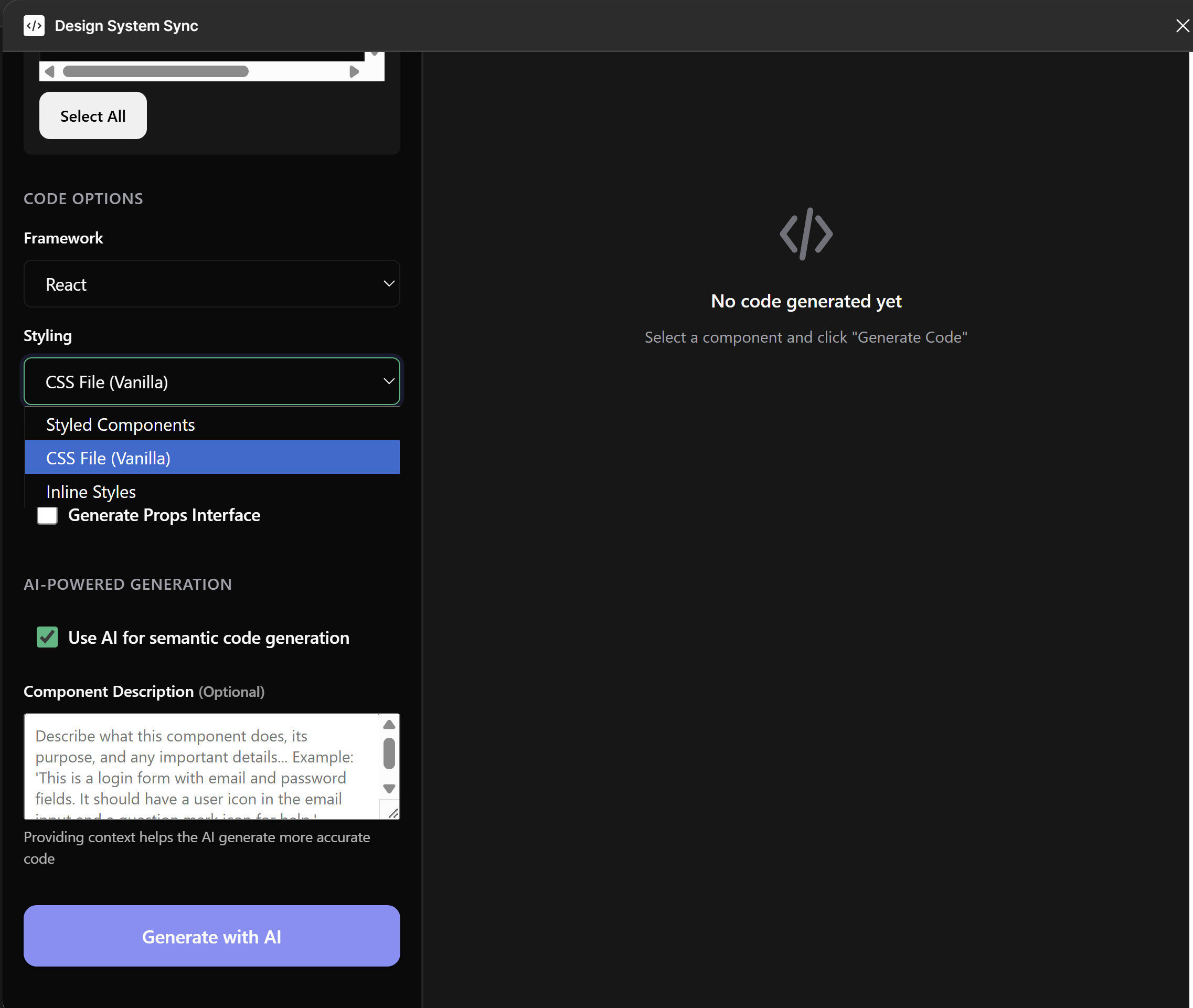 Code Gen — Framework, styling options & AI generation