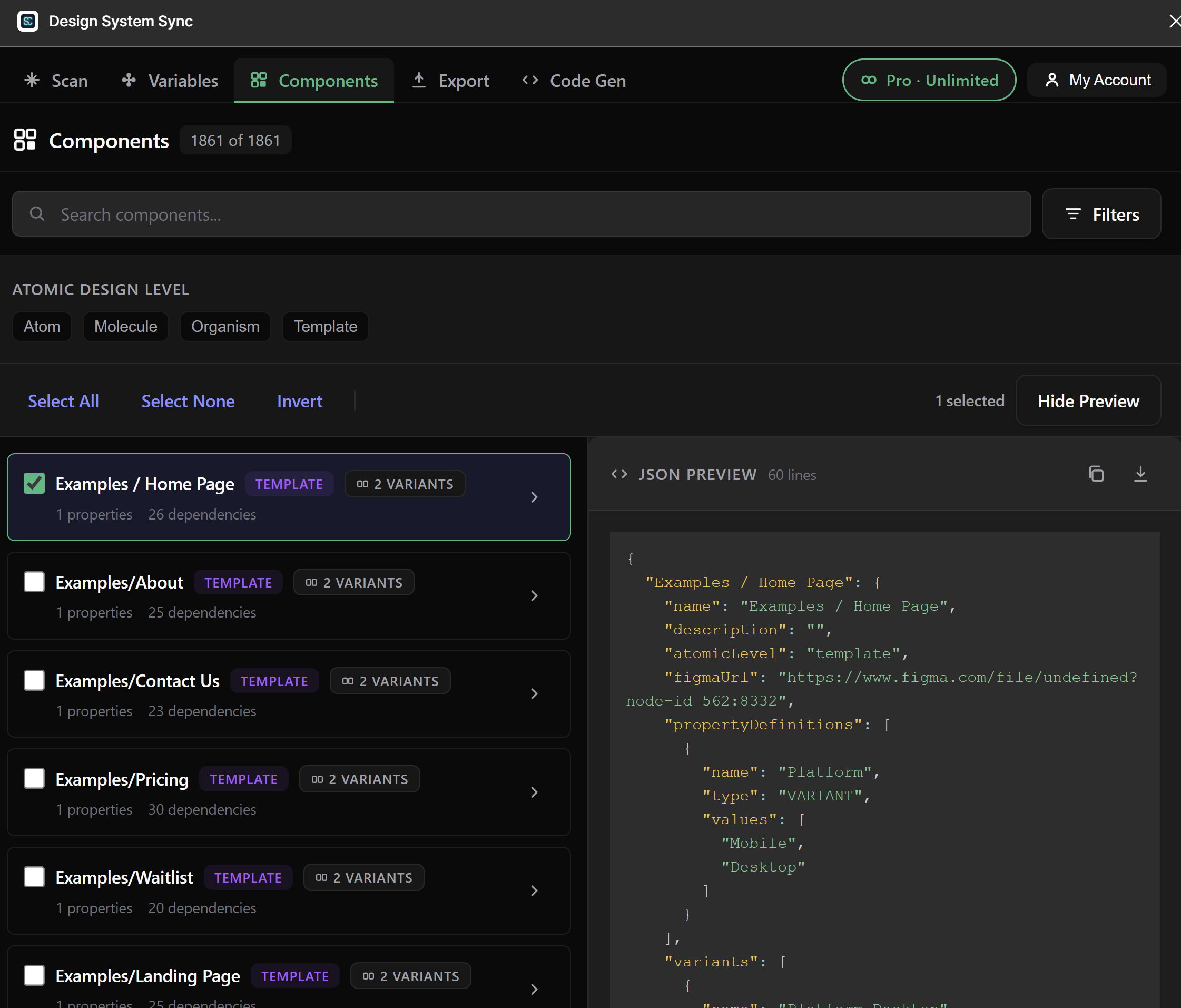 Components tab — atomic design levels, variant preview, JSON output