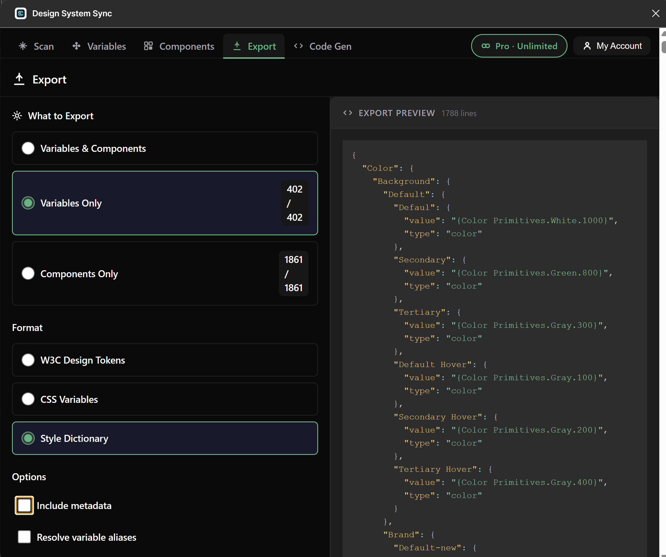 Export tab — W3C, CSS Variables, Style Dictionary formats with preview