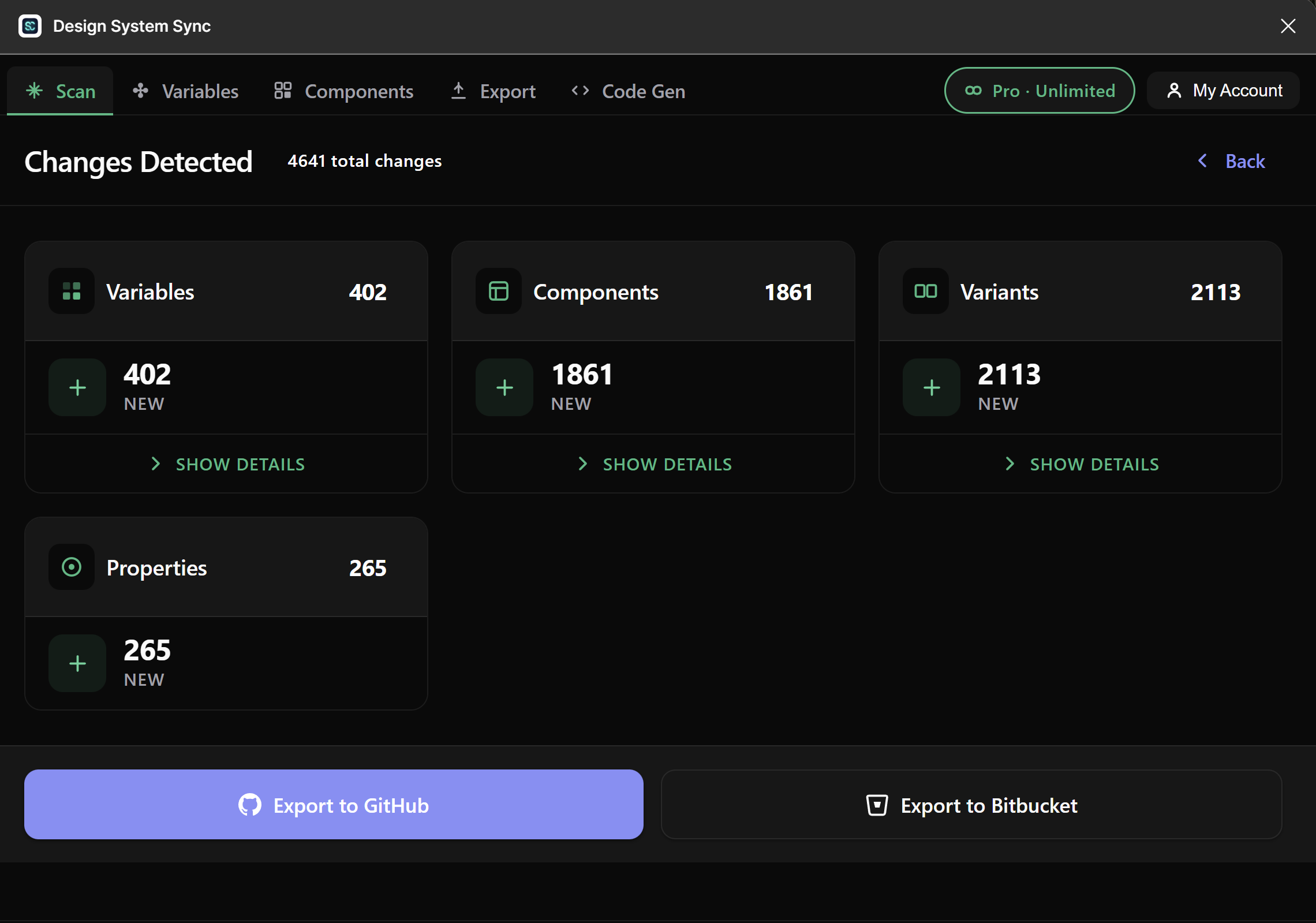 Changes Detected — 402 variables, 1861 components, 2113 variants, 265 properties