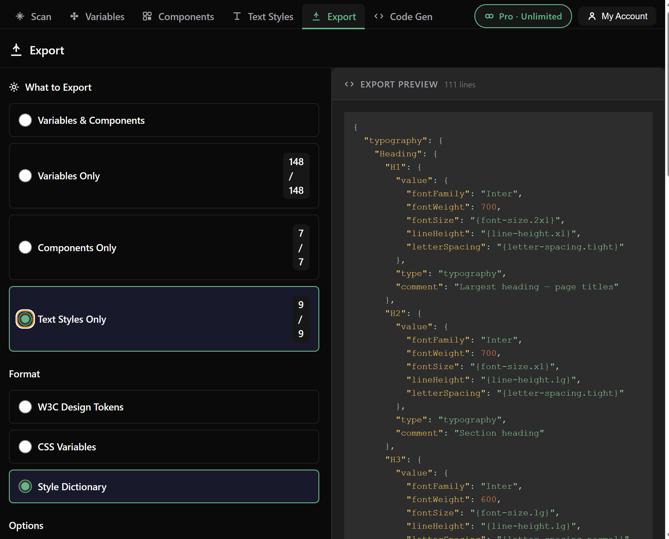 Text styles exported as W3C JSON tokens with $type typography and alias references